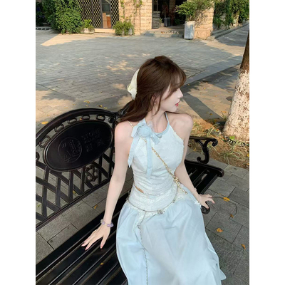 【瑞茜】人鱼之歌 复古温柔显瘦设计感上衣长半裙R3463-1W