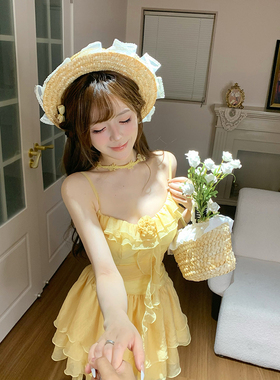 【瑞茜】夏日玫瑰 夏季纯欲修身显瘦不规则连衣裙R7001V