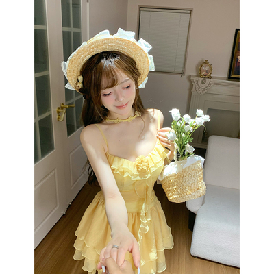 【瑞茜】夏日玫瑰 夏季纯欲修身显瘦不规则连衣裙R7001V