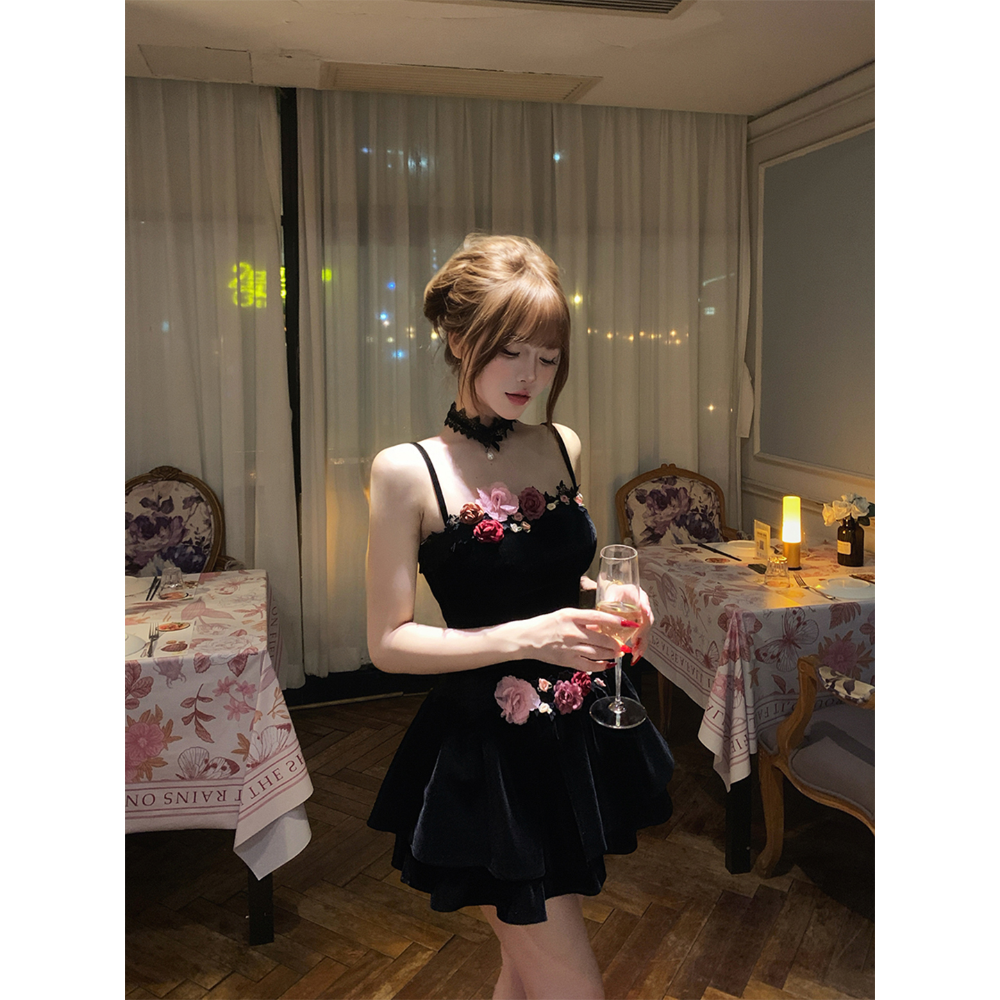 【瑞茜】暗夜玫瑰 秋季纯欲风法式复古原创连衣裙 R9272D