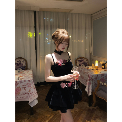 【瑞茜】暗夜玫瑰 秋季纯欲风法式复古原创连衣裙 R9272D