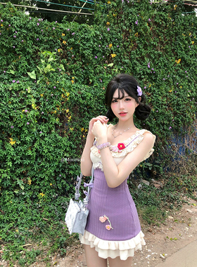 【瑞茜】紫薯芋泥冰 夏季甜美显瘦修针织短款拼接连衣裙R6050H