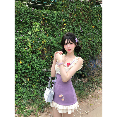 【瑞茜】紫薯芋泥冰 夏季甜美显瘦修针织短款拼接连衣裙R6050H