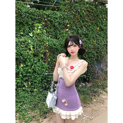 【瑞茜】紫薯芋泥冰 夏季甜美显瘦修针织短款拼接连衣裙R6050H