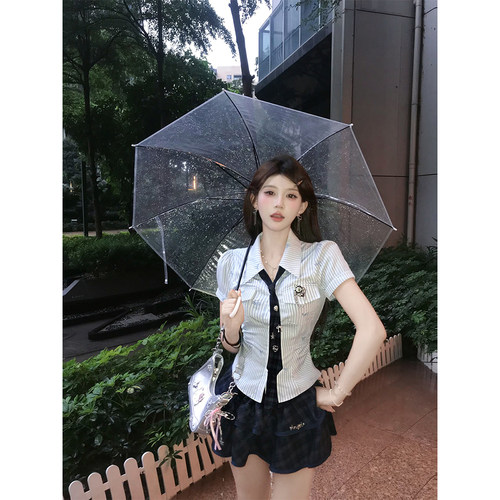 【瑞茜】藤校辣妹 夏季学院风辣妹修身条纹上衣半裙R66122-1H