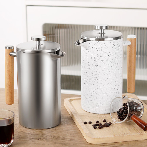 北欧风304不锈钢法压壶木手柄手冲滤压泡壶咖啡器具双层保温微瑕