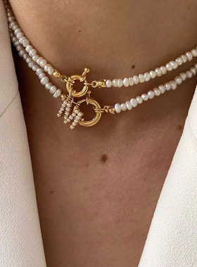 字母欧美镀金天然珍珠项链