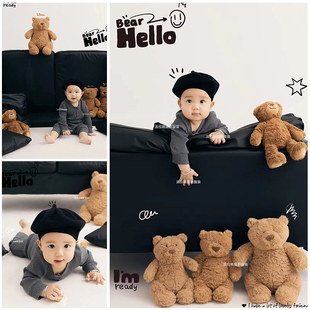 百天宝宝拍摄服装黑色纪实风小熊主题拍照衣服道具百日照周岁照