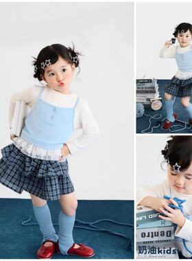 儿童摄影服装韩杂风少女拍照服装学院风蓝色针织背心格子裙拍照