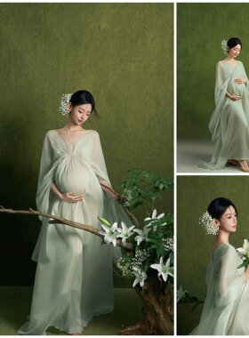 新款孕妇写真拍照服饰影楼高级感绿色纱裙连衣裙时尚温柔摄影服装