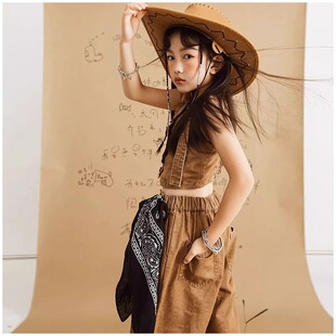 儿童摄影服装西部牛仔主题女童走秀潮童咖色衣服套装影楼写真照