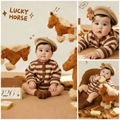儿童摄影服装 咖色条纹小马主题棕色系马年宝宝百天周岁照艺术照
