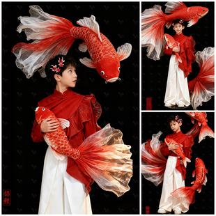 6岁-12岁儿童摄影服装道具新年锦鲤男孩主题男童演出服影楼写真照