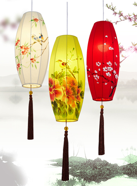 新中式布艺手绘画橄榄灯创意餐厅火锅店红灯笼吊灯仿古宫灯灯具