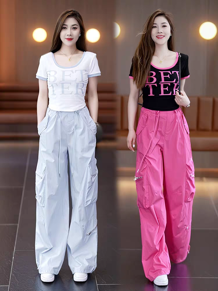 多巴胺速干工装裤女夏新款高腰时尚运动休闲潮酷短袖阔腿裤两件套