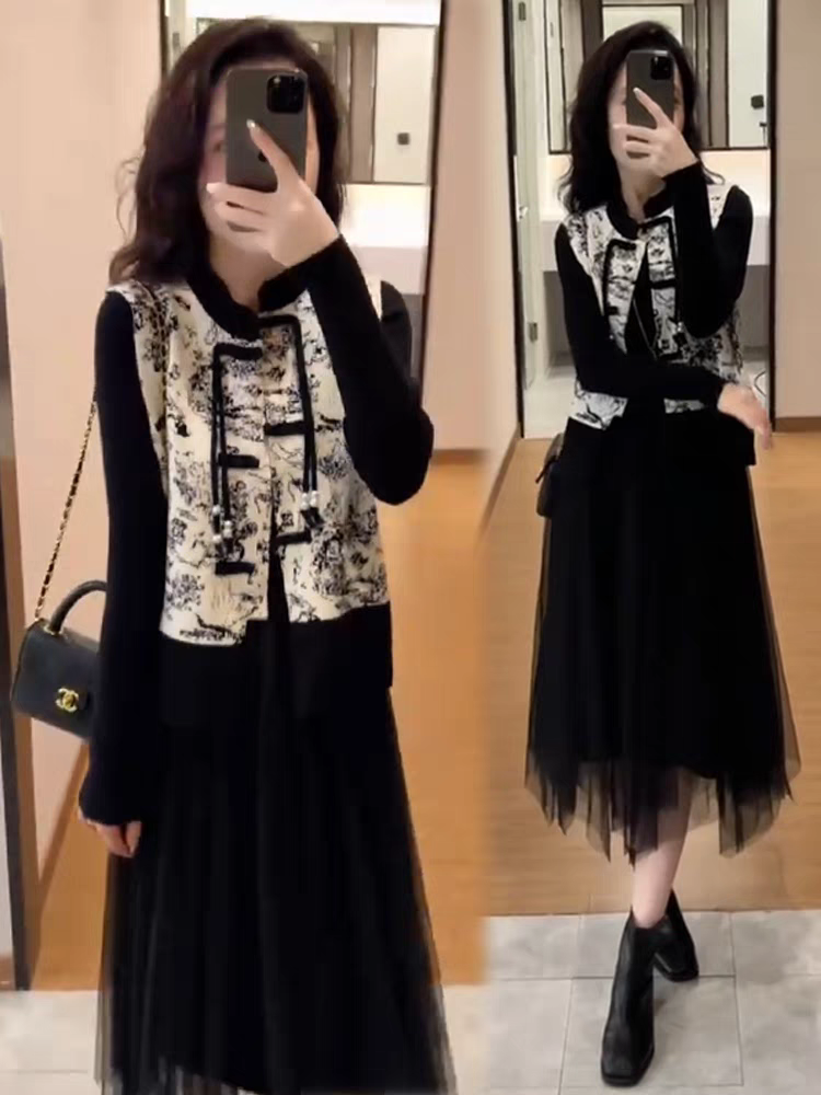 新中式国风套装裙女士春秋新款马夹外套时尚打底衫T恤百搭半身裙