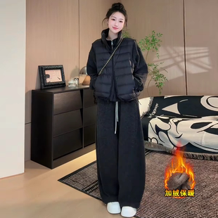 加绒加厚时尚运动套装女2025冬季洋气显瘦马甲卫衣阔腿裤两件套潮