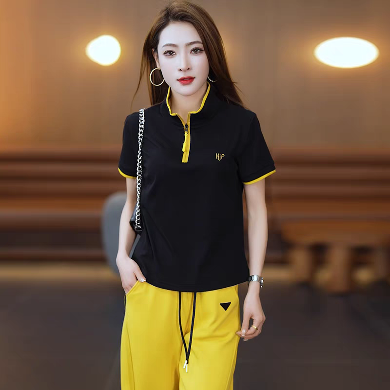 夏季时尚减龄撞色短袖T恤女2026新款洋气显瘦休闲半拉链立领上衣
