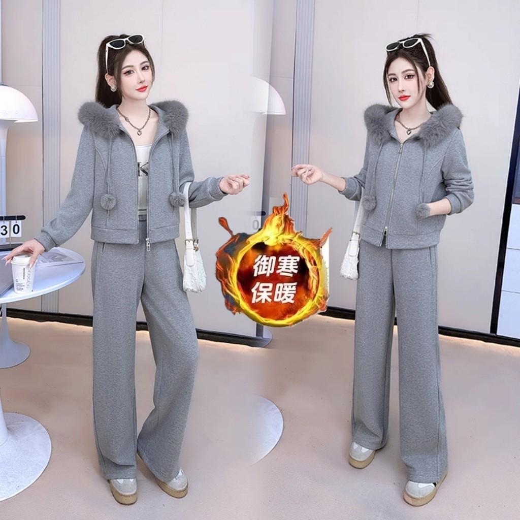 时尚加绒加厚休闲套装女2025冬季新款连帽大毛领外套阔腿裤两件套,女装/女士精品,时尚套装,淘宝优惠券,粉丝福利购,淘宝优惠卷