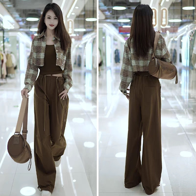 24612春秋爆款复古时尚三件套装女短款衬衣配内搭背心显瘦阔腿裤