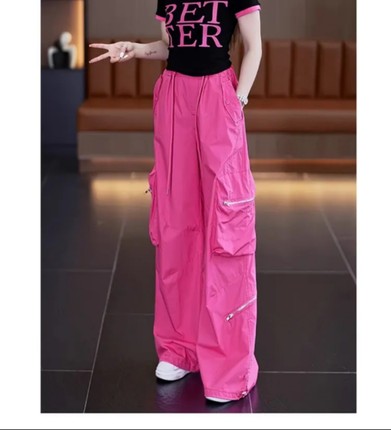 粉色夏季工装裤女休闲阔腿裤美式束脚跳舞裤子2025年新款防晒长裤