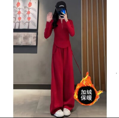 2025年冬装加绒加厚新款韩系时尚洋气女装套装高腰阔腿卫裤两件套