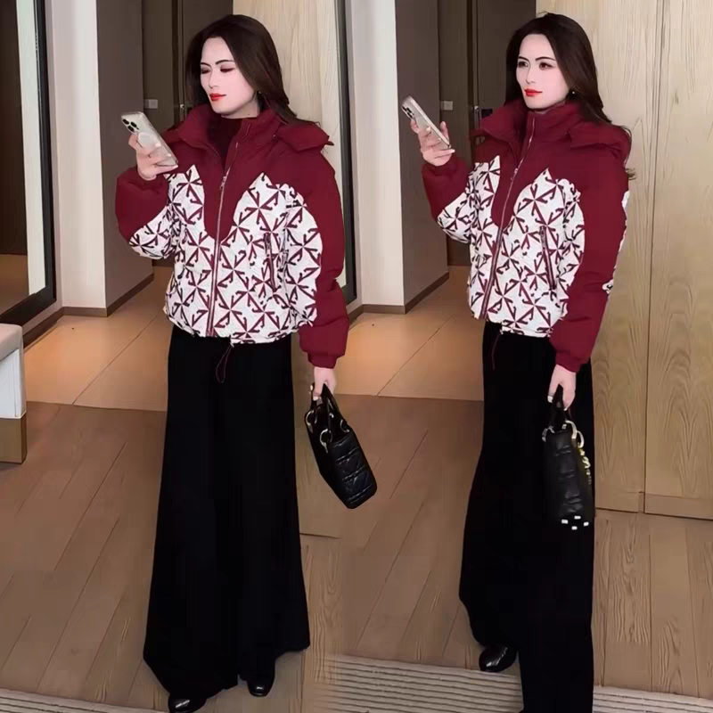 短款羽绒棉服女冬季2025新款设计感印花拼接加厚小个子爆款面包服