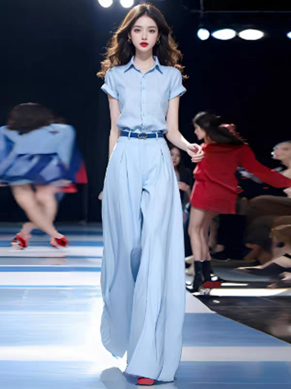 时尚气质套装女2026夏季新款洋气时髦短袖衬衫高腰阔腿裤两件套潮
