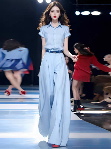 时尚气质套装女2026夏季新款洋气时髦短袖衬衫高腰阔腿裤两件套潮