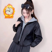 2025秋冬加绒韩版 时尚 PU皮外套女短款 休闲加绒机车衣连帽皮衣夹克