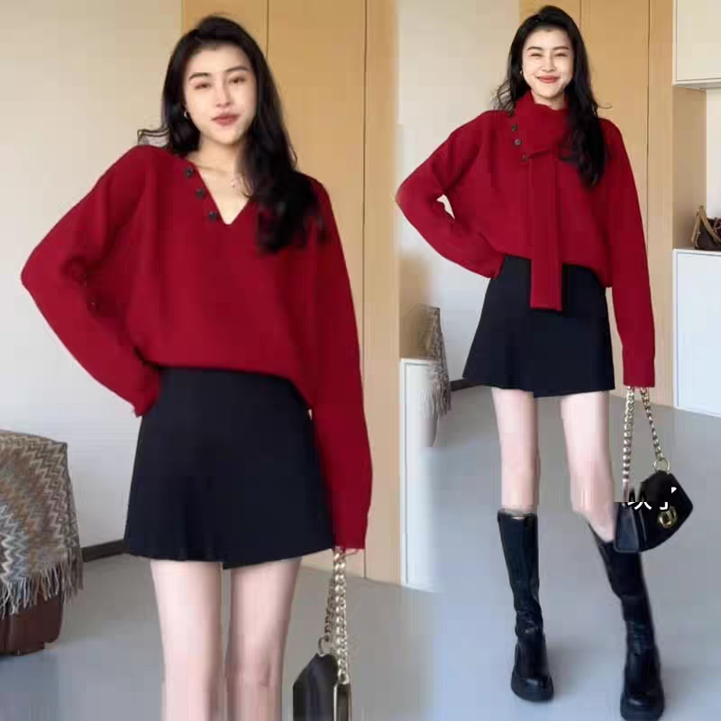 时尚套装女2025秋冬新款洋气带围巾V领针织毛衣半身短裙两件套潮,女装/女士精品,时尚套装,淘宝优惠券,粉丝福利购,淘宝优惠卷