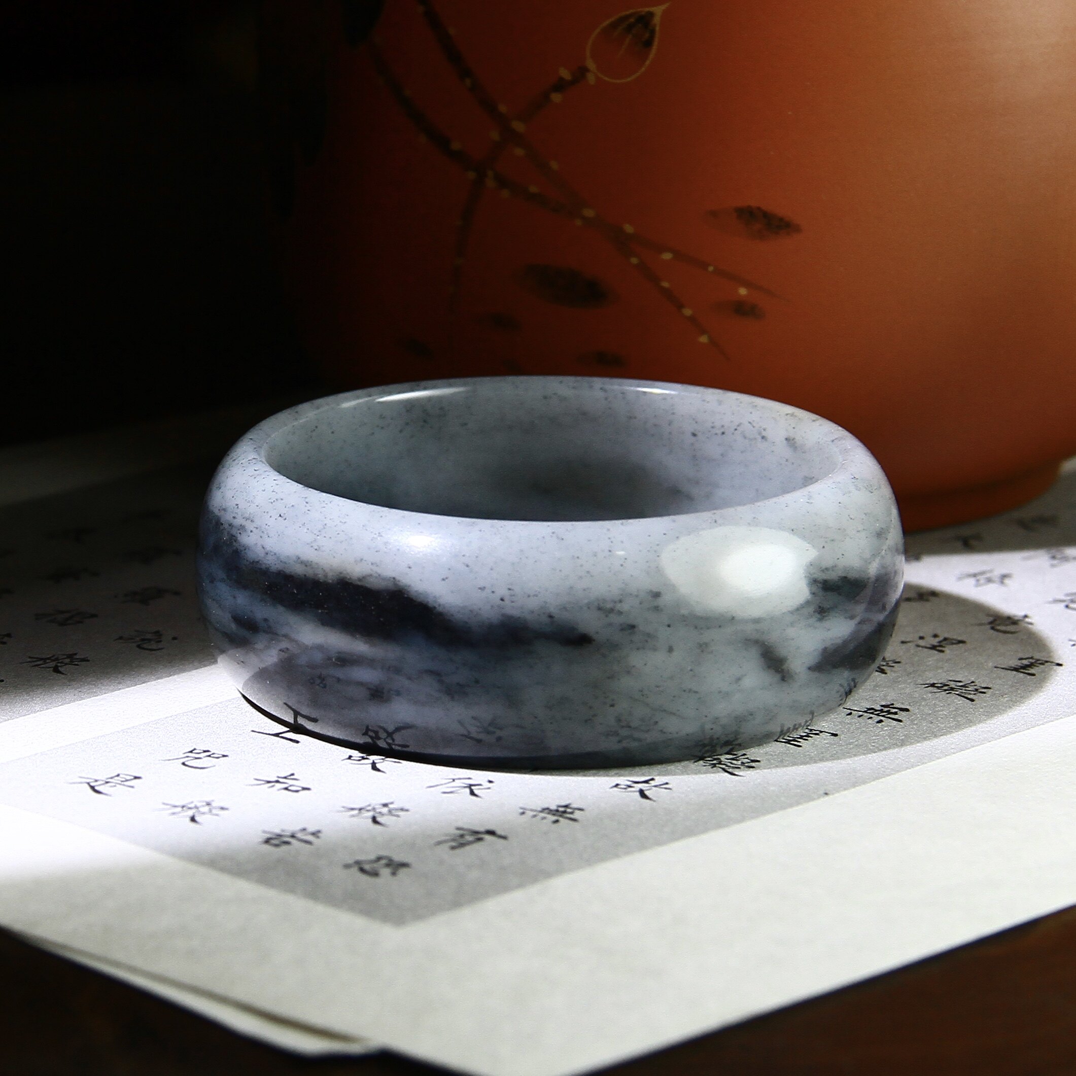 老石头和田玉纯天然三色水墨青花镯子黑白分明墨玉籽料手镯59圈口