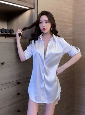 性感夜场女装中长款白衬衫浴场按摩工衣衬衣裙桑拿足疗技师工作服