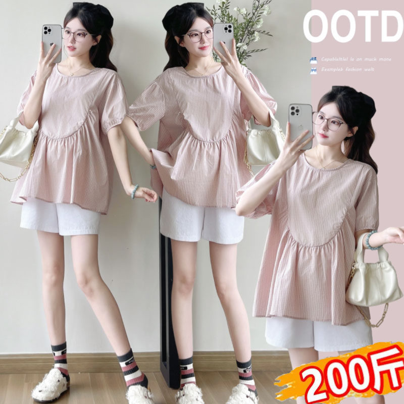 孕妇娃娃衫上衣夏季时尚格子衬衫