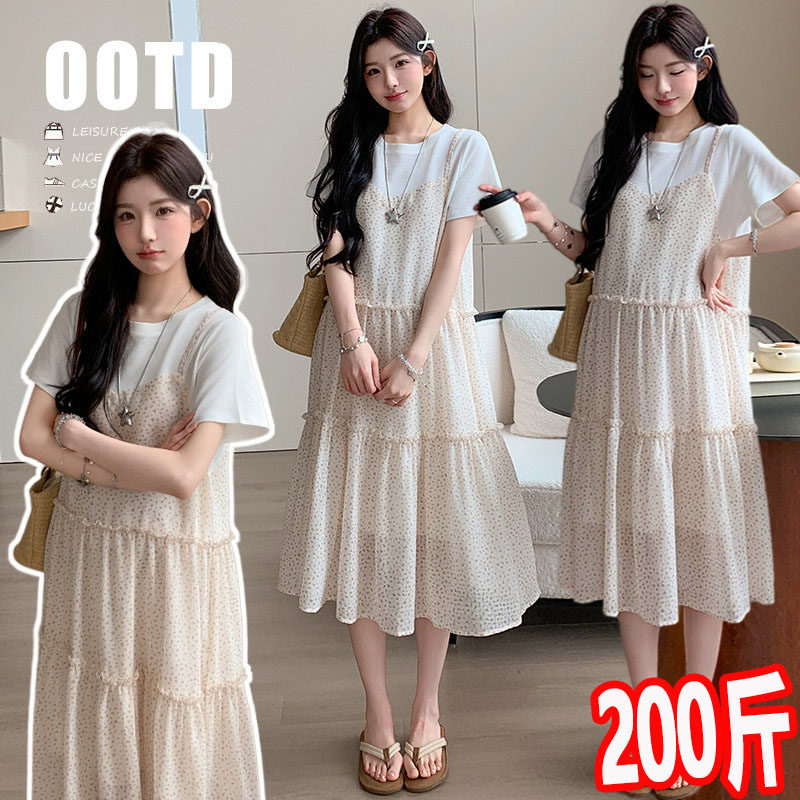 大码孕妇短袖连衣裙2026夏季新款时尚假两件雪纺碎花裙宽松200斤