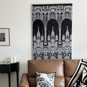 高级感法式古典立体装饰画钉珠刺绣布料浮雕壁画手工白色城堡挂画