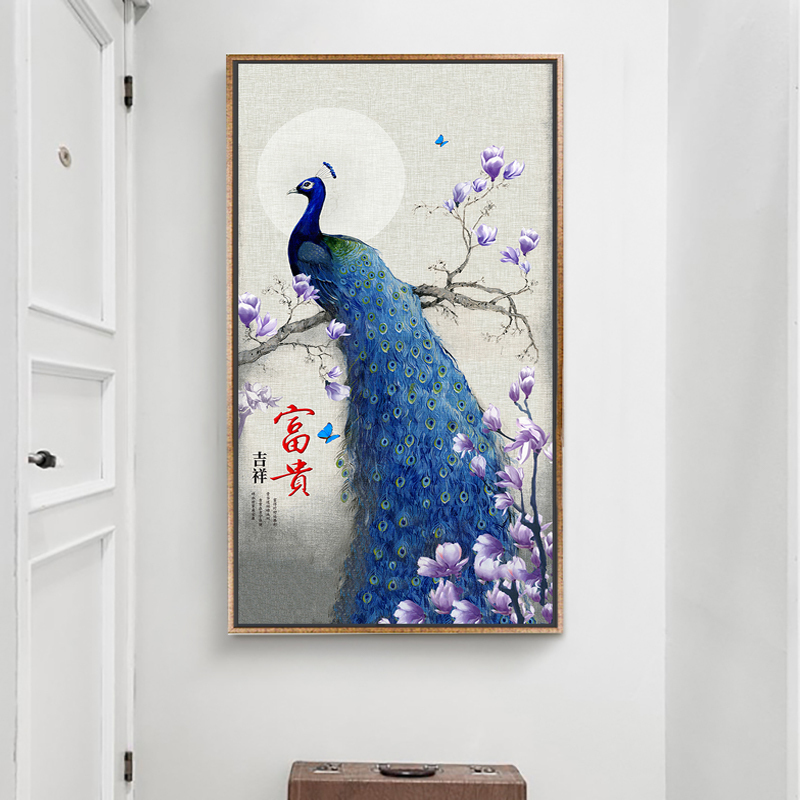 新中式玄关壁画过道酒店装修工程挂画餐厅空白墙面装饰画玄关孔雀
