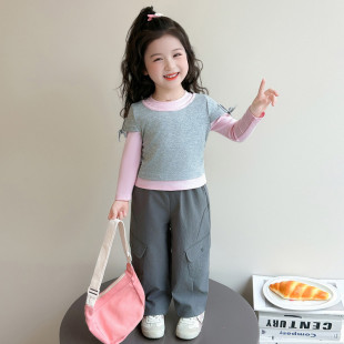 女童工装风长袖T恤阔腿裤两件套中小童2026春秋新款韩版潮酷套装