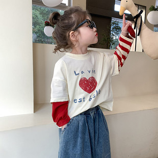 女童长袖t恤2026新款儿童春秋款洋气打底衫女小童春装假两件上衣