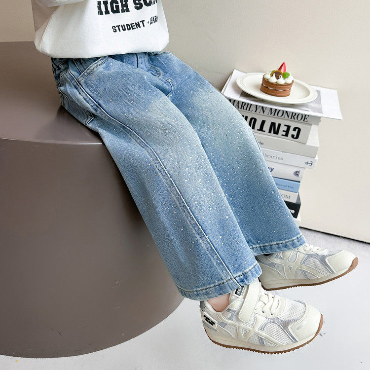 女童牛仔裤2026新款春季阔腿裤儿童洋气时髦精致烫钻亮闪直筒裤子