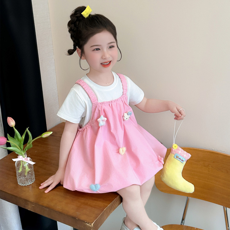 女童花苞裙短袖套装夏季2026新款女宝宝夏装儿童背带裙两件套薄款