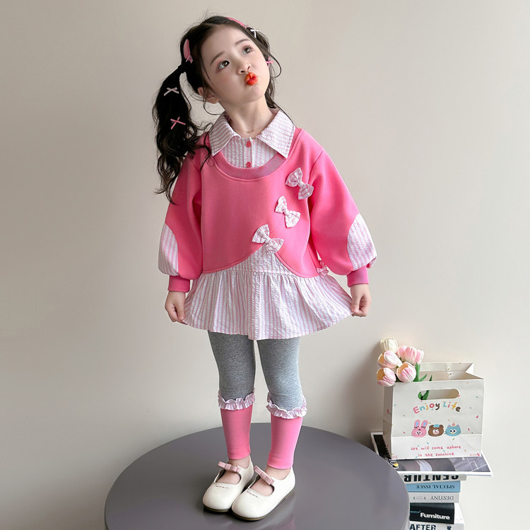 女童秋装韩系套装2026新款儿童小女孩假两件衬衫打底裤两件套秋款