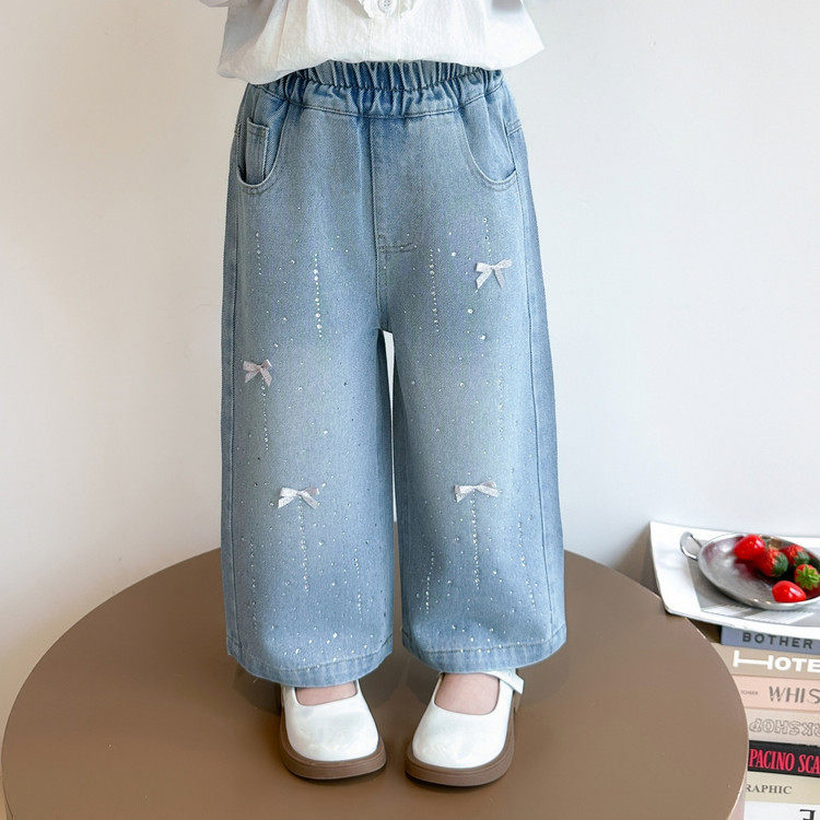 直筒裤女童蝴蝶结烫钻牛仔裤春季2026新款儿童装中小童春装阔腿裤