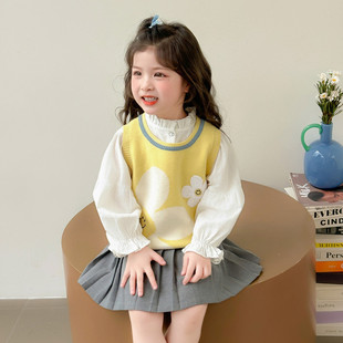 女童春装套装2026新款儿童洋气女孩春秋季毛衣马甲衬衫卡通两件套