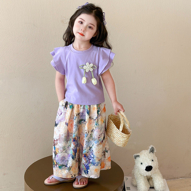 女童套装2026夏季新款碎花阔腿裤儿童夏装宝宝洋气时髦短袖两件套