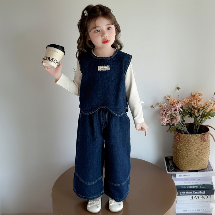 女童牛仔套装春秋季2026新款儿童秋装衣服女宝宝马甲阔腿裤三件套