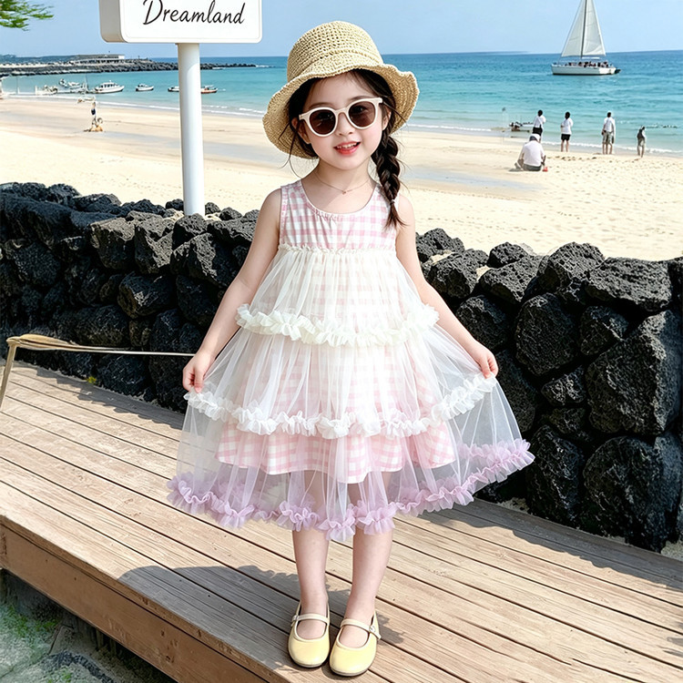 女童甜美无袖格子连衣裙2026夏季儿童网纱蛋糕裙洋气背心公主裙子