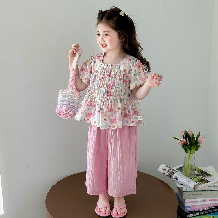 女童洋气碎花套装夏季2026新款儿童韩系阔腿裤两件套女孩夏装衣服