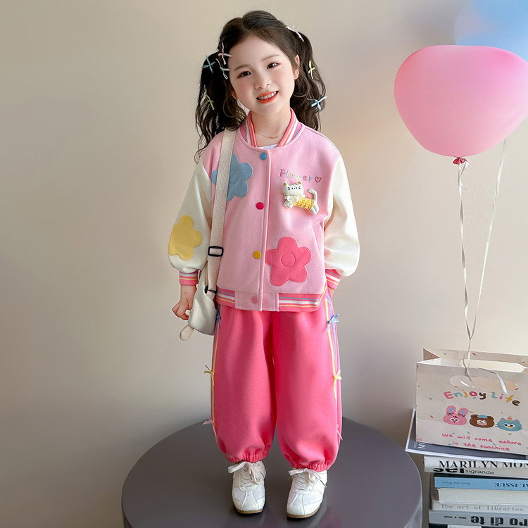 女童套装秋季2026新款洋气时髦儿童秋装宝宝花朵棒球服休闲两件套