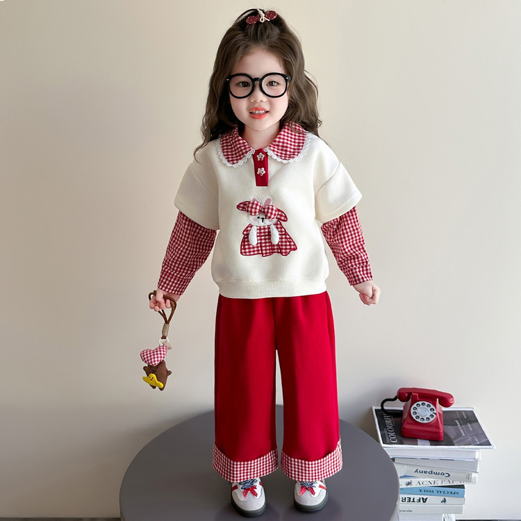 女童秋装套装红色卡通格子翻领假两件卫衣宽松阔腿格子裤子两件套